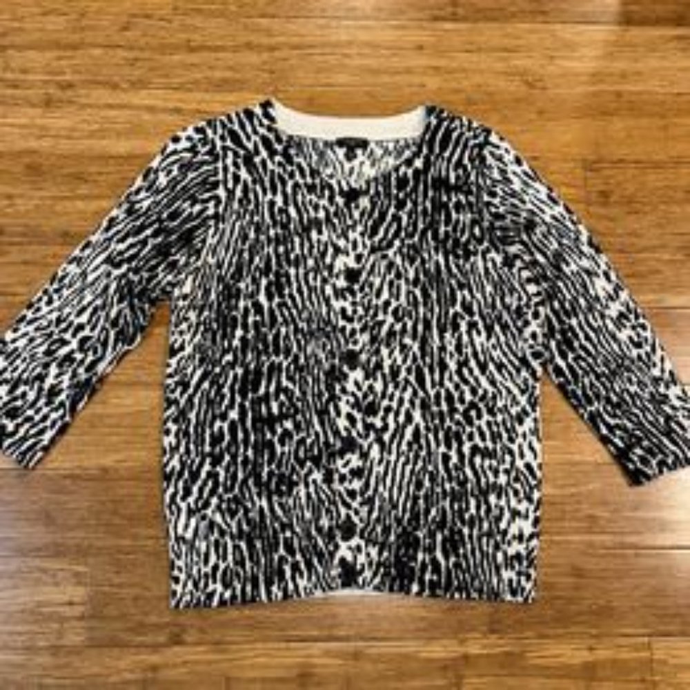 Talbots Petite Large black & off white animal print lightweight cardigan sweater